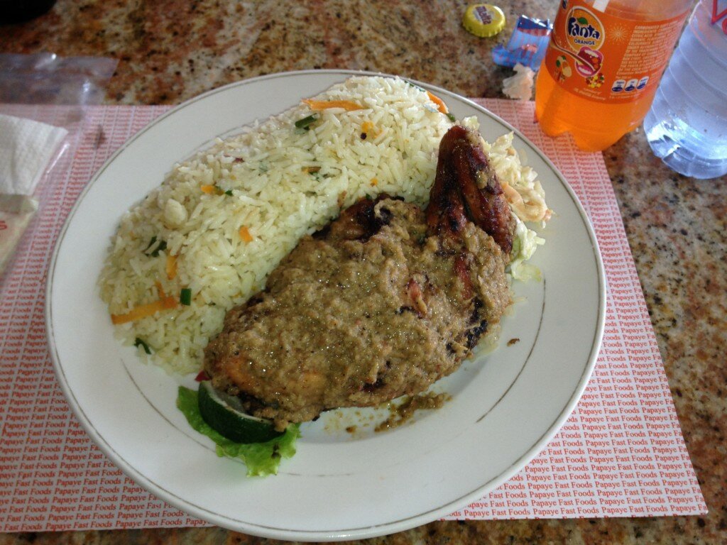 chicken and rice from papaye in Osu in Accra, Ghana